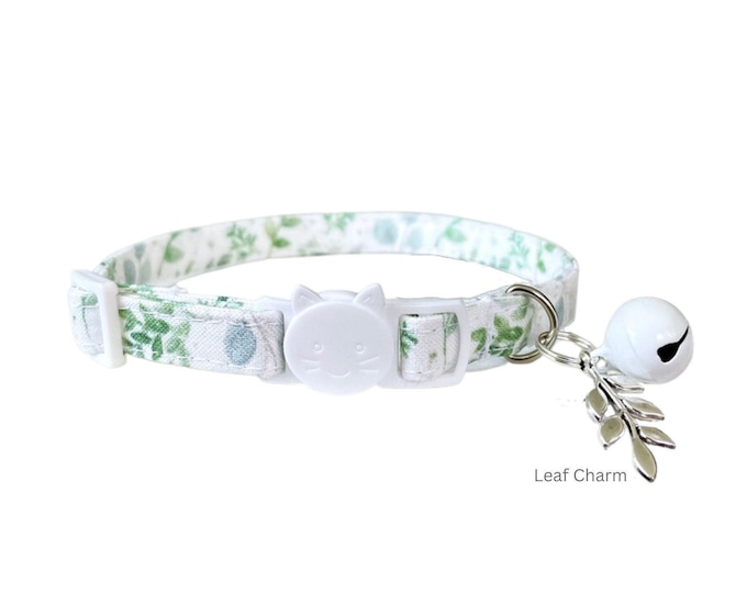 Floral Plant Cat Collar, Breakaway Kitten Collar with Leaf Charm