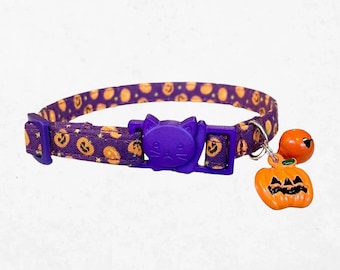 Pumpkin Cat Collar Halloween Accessory: Purple Jack-O-Lantern Pattern, Breakaway Buckle (Adjustable, Lightweight)