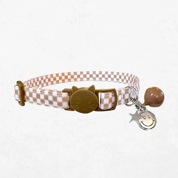 Cat Collar Checkered: Brown Plaid Pattern - Adjustable Breakaway Buckle, Soft Interfacing, Comfortable Wear