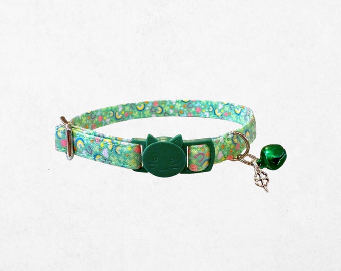 St Patrick's Day Cat Collar – Shamrock, Rainbow, Breakaway Buckle & Bell