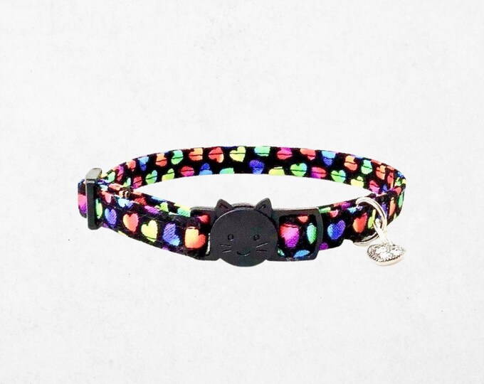 Heart Cat Collar Breakaway: Rainbow Patterned, Adjustable 7.5-12in | Lightweight Fabric, Safety Buckle, Comfortable Fit