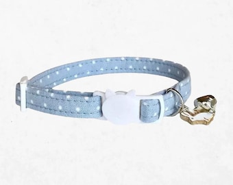 Light Blue Polka Dot Cat Collar – Bunny Charm with Bell, Adjustable Breakaway