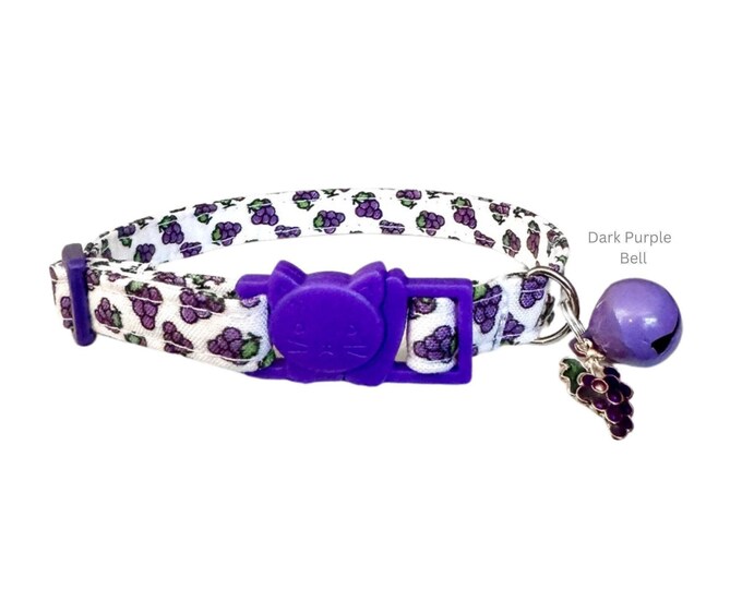 Grape Print Cat Collar with Breakaway Buckle, Bell & Charm