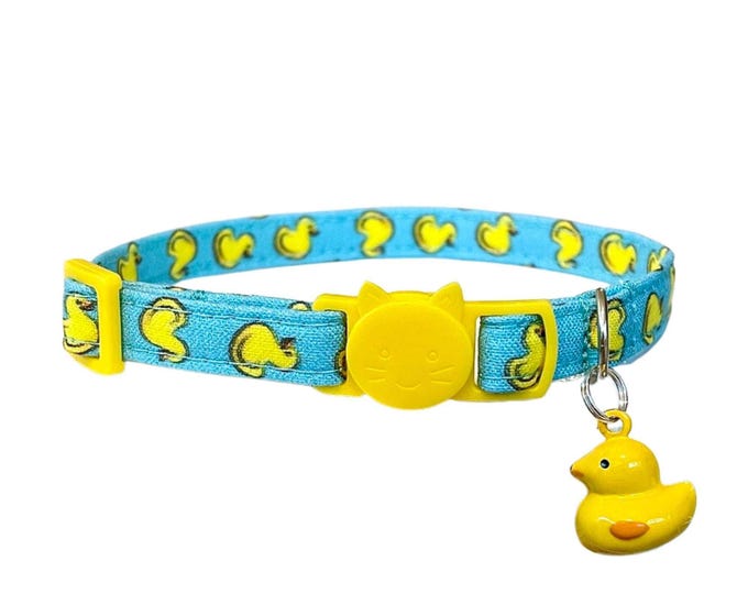Duck Kitten Collar Adjustable, Blue Rubber Ducky Print (Breakaway Buckle, Lightweight Fabric, 6-12")
