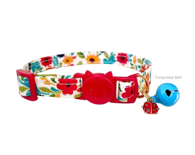 Floral Cat Collar with Breakaway Buckle, Ladybug Bell
