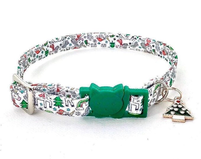 Christmas Cat Collar with Tree Charm, Breakaway Kitten Collar