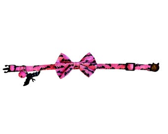 Bat Cat Collar with Bow Tie – Pink Spooky Kitten Collar