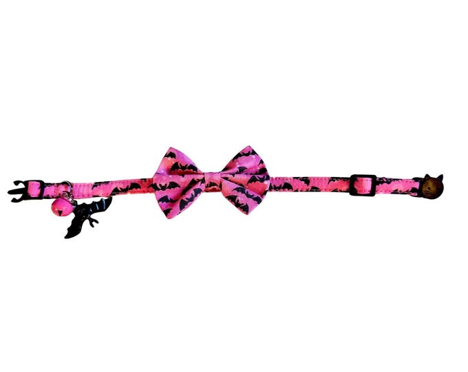 Bat Cat Collar with Bow Tie – Pink Spooky Kitten Collar
