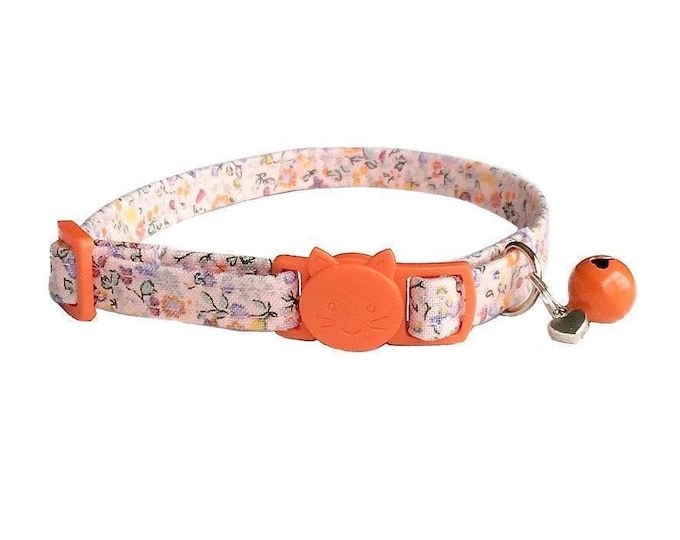 Floral Cat Collar, Pink Orange Flowers, Breakaway Kitten Collar