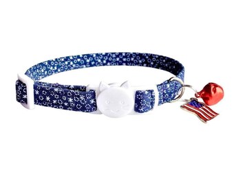Navy Blue Star Cat Collar with USA Flag Charm, Breakaway Kitten Collar