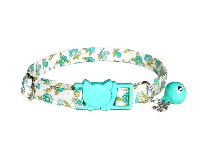 Floral Cat Collar with Breakaway Buckle & Bell - Blue Teal Flowers