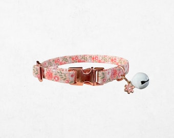Girly Flower Cat Collar: Rose Gold Charm, Adjustable 6-12", Lightweight Fabric | Breakaway or Metal Buckle, Comfortable Fit