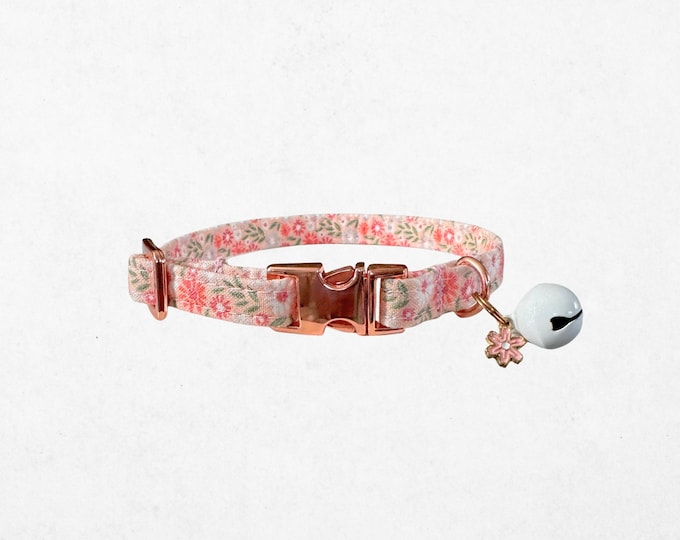 Girly Flower Cat Collar: Rose Gold Charm, Adjustable 6-12", Lightweight Fabric | Breakaway or Metal Buckle, Comfortable Fit
