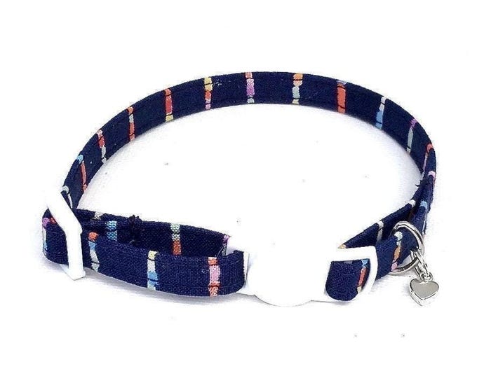 Striped Navy Blue Cat Collar, Breakaway Buckle, Small Dog Collar