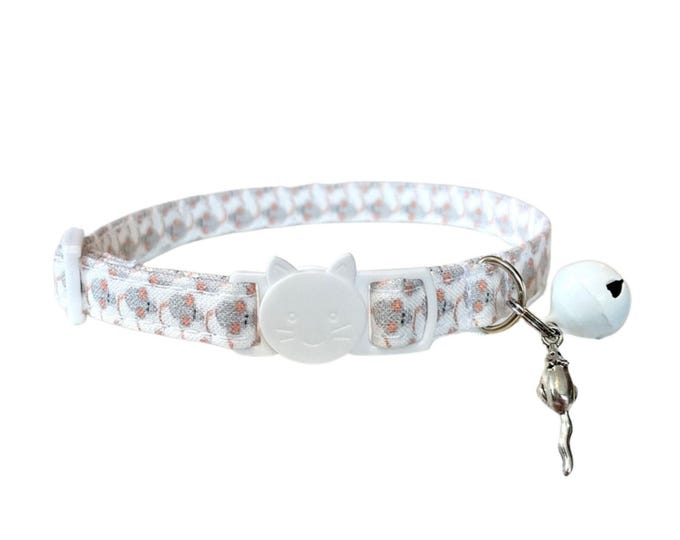 Mouse Print Cat Collar with Bell & Mouse Charm, Breakaway Buckle