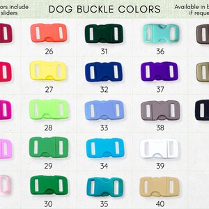 a collection of colorful dog buckle colors, including red, orange, green, blue, purple, and various shades of gray and black.