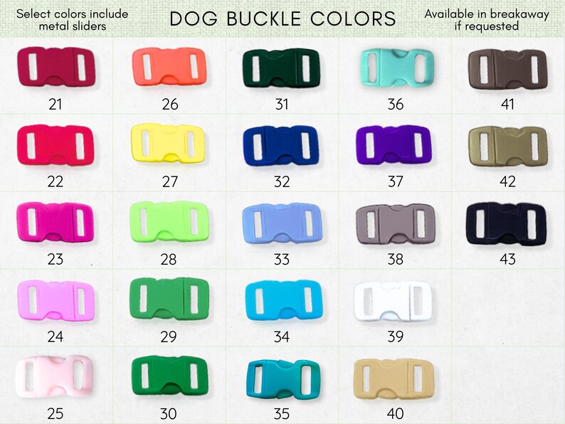 a collection of colorful dog buckle colors, including red, orange, green, blue, purple, and various shades of gray and black.