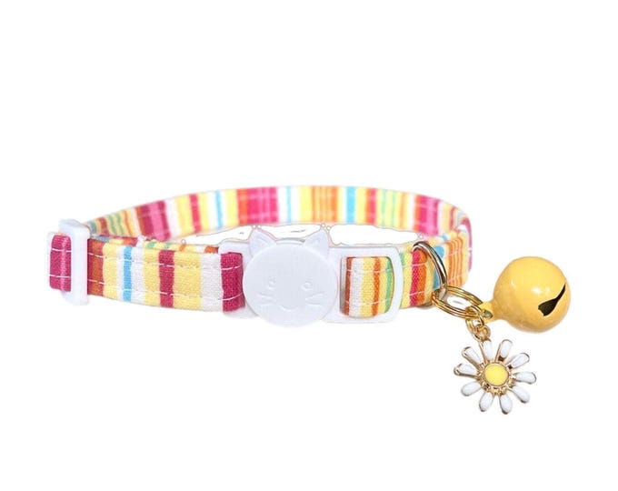 Striped Cat Collar with Bell & Daisy Charm, Breakaway Kitten Collar Spring