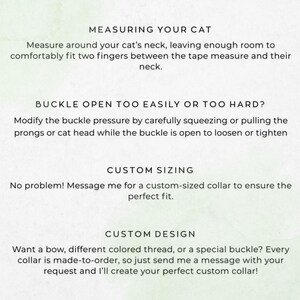 Measuring your cat, buckle open too easily or too hard, custom sizing, custom design