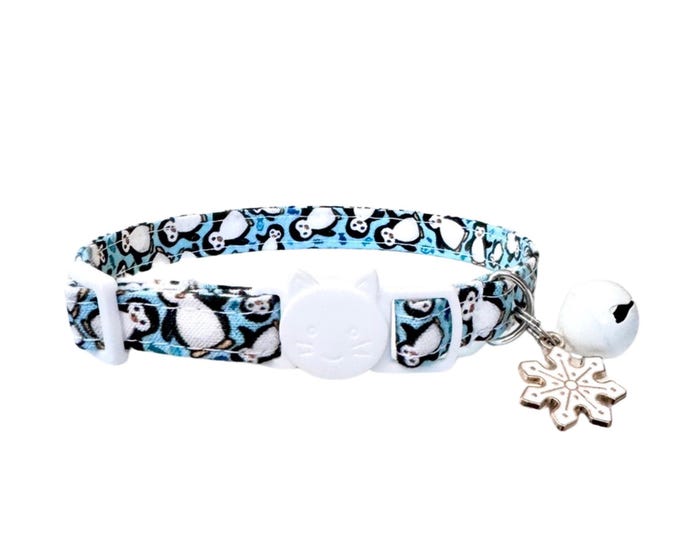 Penguin Cat Collar with Snowflake Charm - Winter Pet Collar