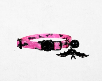 Collar rosa con forma de murciélago para gato, con hebilla de seguridad y cascabel, estilo gótico y emo - Personalizable