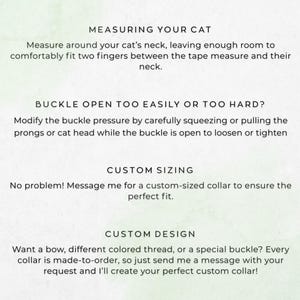 Measuring your cat, buckle open too easily or too hard, custom sizing, custom design