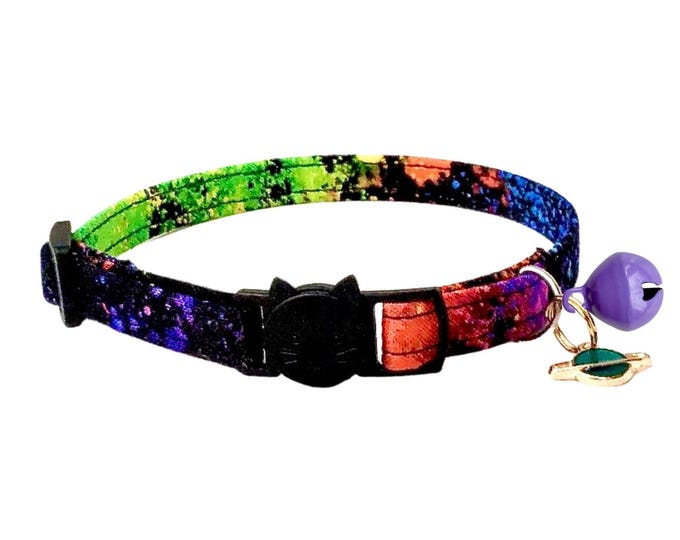 Tie Dye Breakaway Cat Collar, Rainbow Kitten Collar with Bell