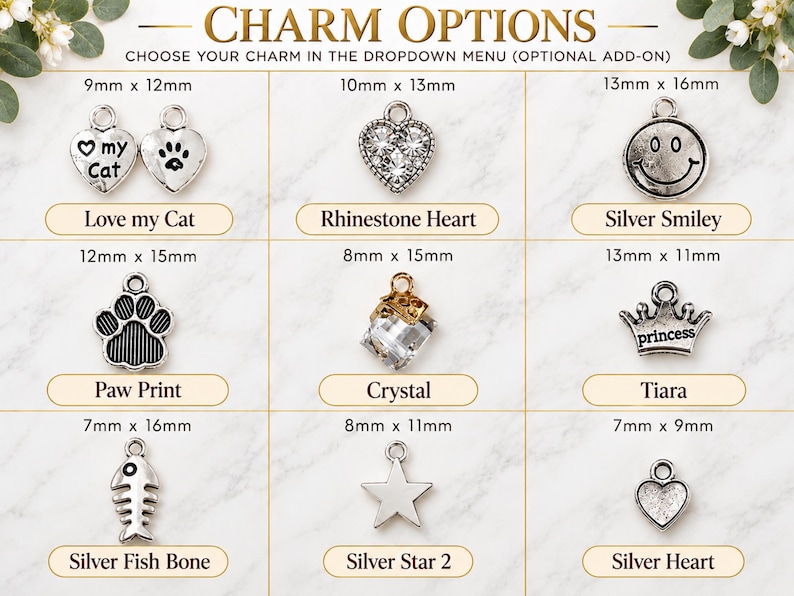 a variety of charms, including cat-themed charms, heart-shaped charms, and other decorative items.