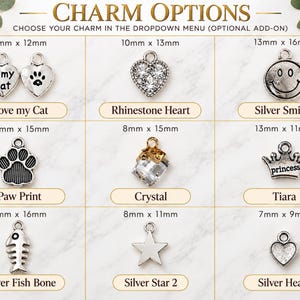 a variety of charms, including cat-themed charms, heart-shaped charms, and other decorative items.