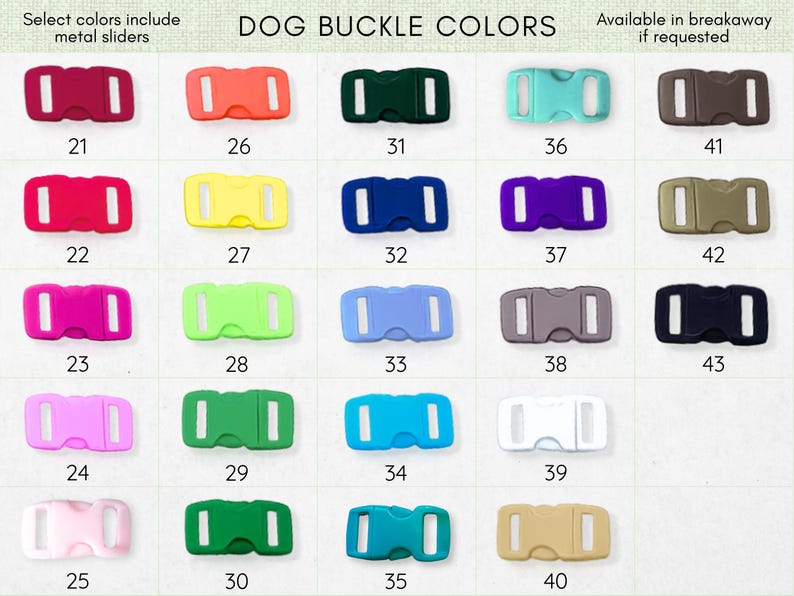 a collection of colorful dog buckle colors, including red, orange, green, blue, purple, and various shades of gray and black.