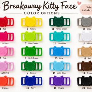 a collection of colorful cat buckle straps, each with a different color and design. The straps are arranged in a grid format, with each row representing a different color and each column representing a different type of strap. The image does not contain any text, and the descriptions provided are limited to the colors and types of the straps.