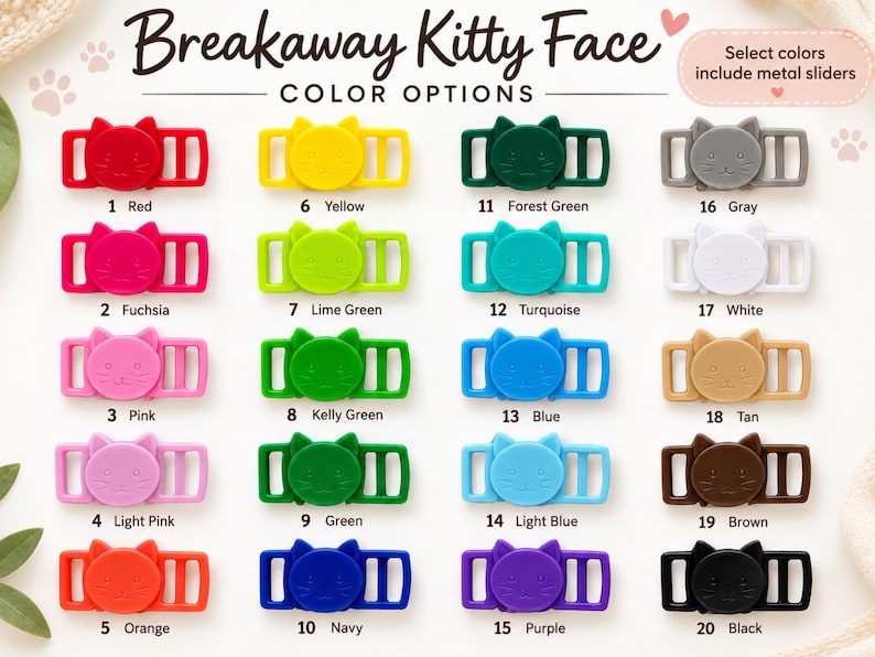 a collection of colorful cat buckle straps, each with a different color and design. The straps are arranged in a grid format, with each row representing a different color and each column representing a different type of strap. The image does not contain any text, and the descriptions provided are limited to the colors and types of the straps.