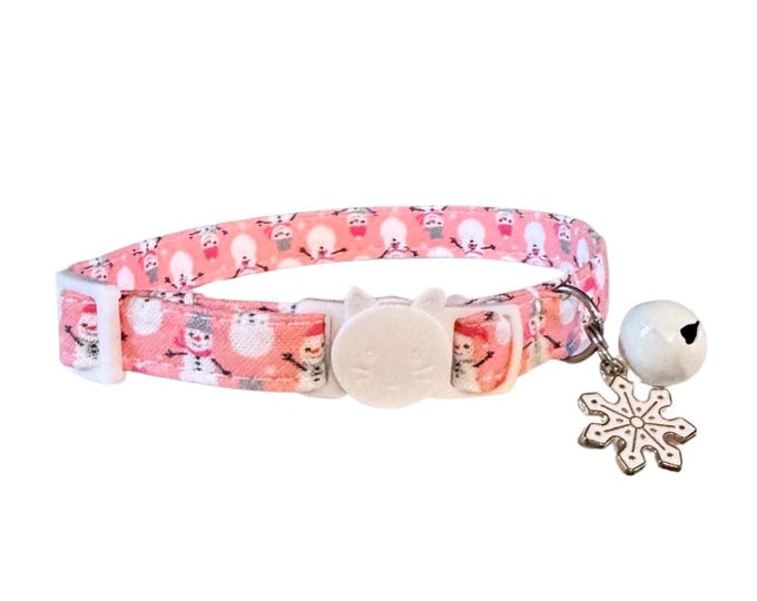 Snowman Cat Collar: Holiday Festive Print - Adjustable Breakaway, Lightweight Fabric, Bells and Charms
