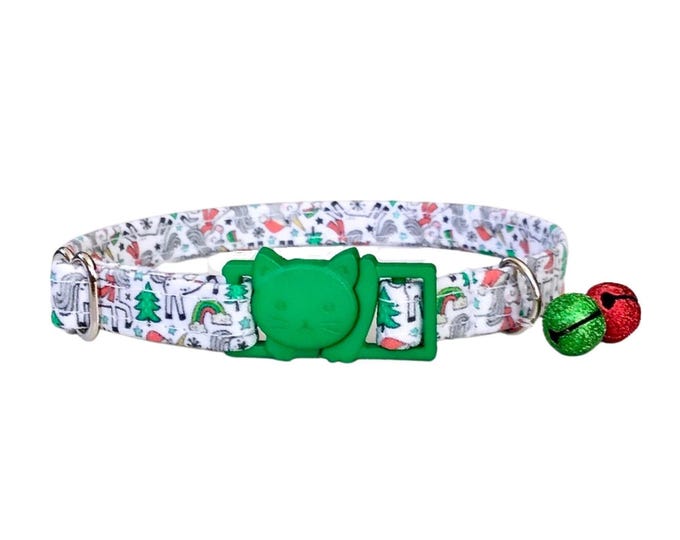 Festive Unicorn Cat Collar Adjustable Holiday Charm: Lightweight Fabric, Breakaway or Non-Breakaway Buckle | 6-12in