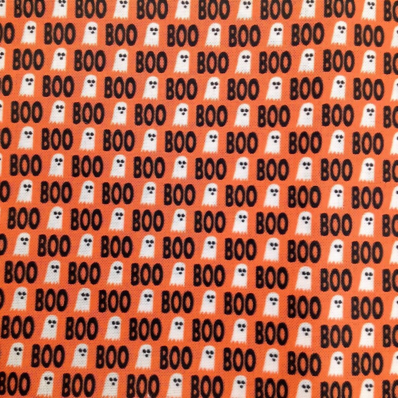 a repeating pattern of the word "BOO" in black text against an orange background, with each "BOO" being accompanied by a white ghost.
