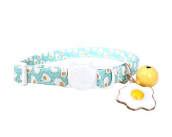 Egg Print Cat Collar with Fried Egg Charm, Breakaway Buckle