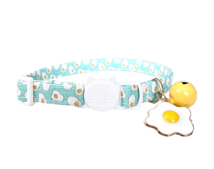 Egg Print Cat Collar with Fried Egg Charm, Breakaway Buckle