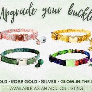 The image is an advertisement for pet accessories, featuring four colorful collars with different designs and materials. The collars are available as an upgrade to a standard collar, and they come in gold, rose gold, silver, and glow-in-the-dark colors. The collars are displayed in a collage format, showcasing the variety of options available for pet owners.