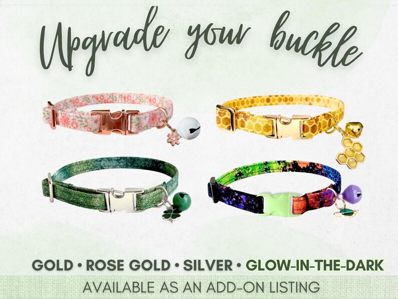 The image is an advertisement for pet accessories, featuring four colorful collars with different designs and materials. The collars are available as an upgrade to a standard collar, and they come in gold, rose gold, silver, and glow-in-the-dark colors. The collars are displayed in a collage format, showcasing the variety of options available for pet owners.