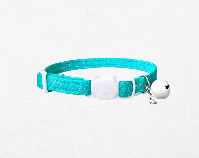 Teal Sparkle Cat Collar, Breakaway Buckle, Adjustable Kitten Collar