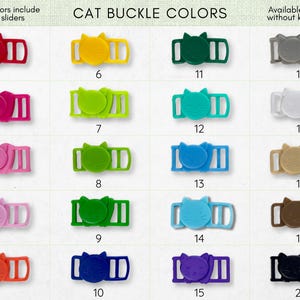 a collection of colorful cat buckle straps, each with a different color and design. The straps are arranged in a grid format, with each row representing a different color and each column representing a different type of strap. The image does not contain any text, and the descriptions provided are limited to the colors and types of the straps.
