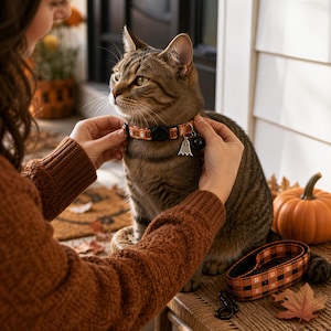 A person is adjusting a cat's collar, which is decorated with a ghost charm, on a table with a pumpkin and autumn leaves.