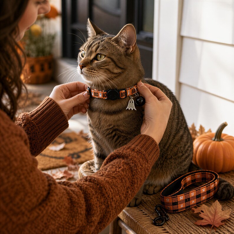 A person is adjusting a cat's collar, which is decorated with a ghost charm, on a table with a pumpkin and autumn leaves.