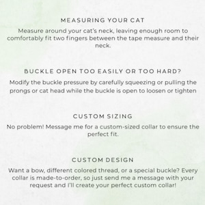 Measuring your cat, buckle open too easily or too hard, custom sizing, custom design