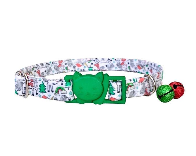Unicorn Christmas Cat Collar, Breakaway Kitten Collar with Bell