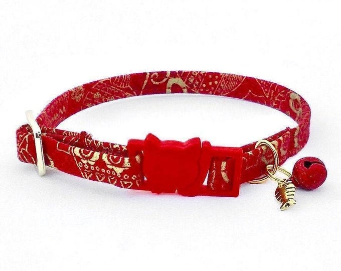 Red & Gold Cat Collar with Breakaway Buckle, Holiday Kitten Collar