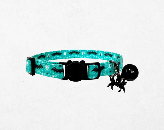 Teal Spider Cat Collar: Breakaway, Adjustable Halloween Kitten Collar
