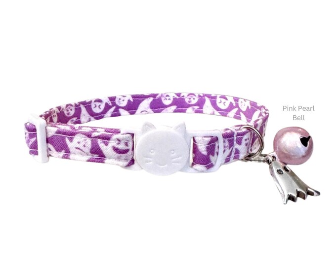 Ghost Cat Collar Breakaway, Halloween Purple Design (Adjustable 6-12 Inch, Safety Buckle, Comfortable Fit)