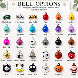 a collection of bell options, including mini bells in various colors and sizes, medium-sized bells, and large bells in different colors and styles.