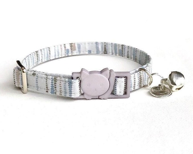 Silver Striped Cat Collar: Lightweight Adjustable Breakaway - Fabric, D-Ring Attachment, Charm Compatible